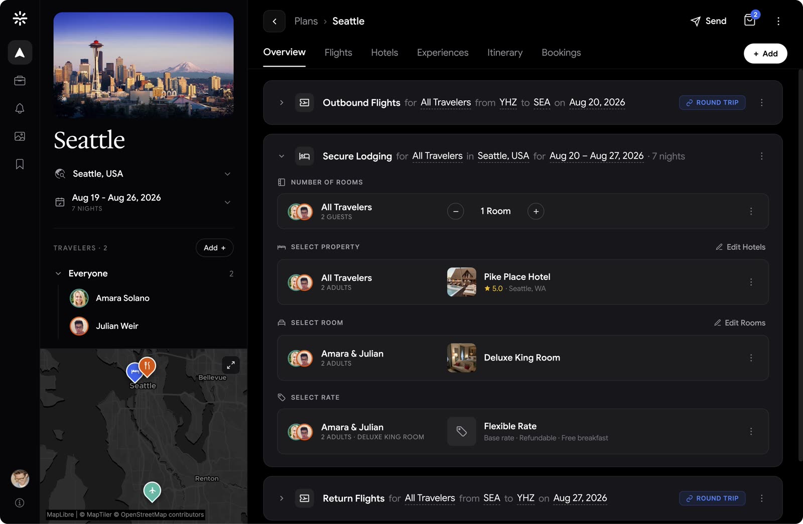 The Voyagier trip planner: manifest, flights, lodging, and map for a live trip plan